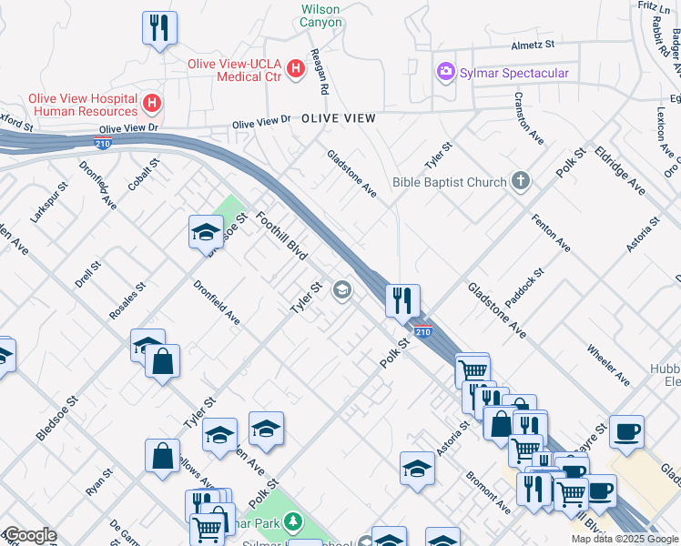 map of restaurants, bars, coffee shops, grocery stores, and more near 14201 Foothill Boulevard in Los Angeles