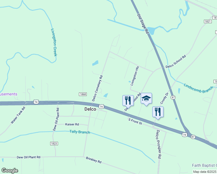 map of restaurants, bars, coffee shops, grocery stores, and more near 232 Delco Cemetery Road in Delco