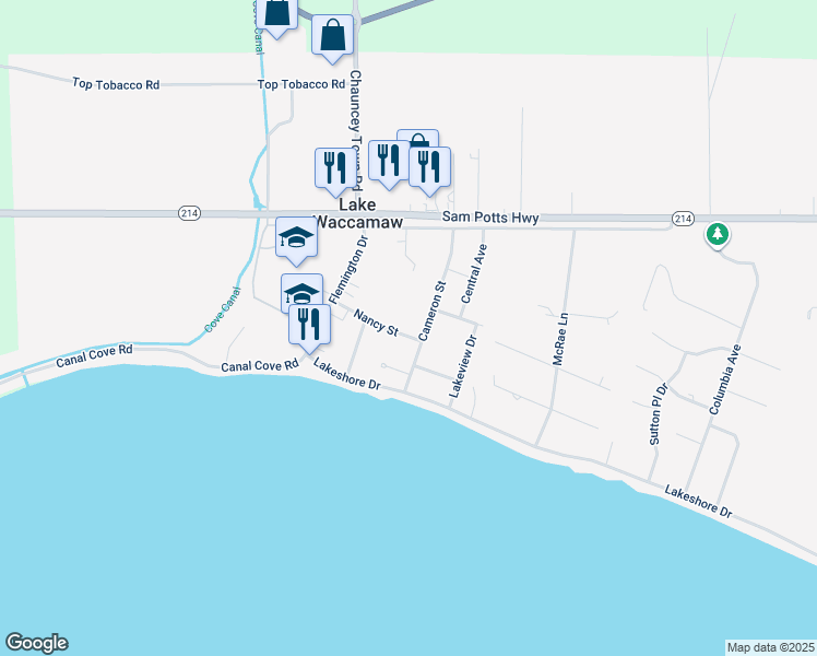map of restaurants, bars, coffee shops, grocery stores, and more near 212 Nancy Street in Lake Waccamaw