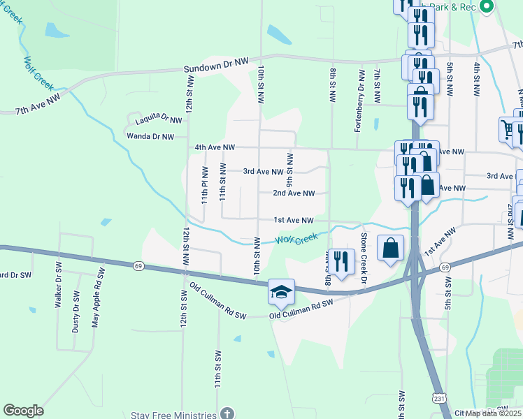 map of restaurants, bars, coffee shops, grocery stores, and more near 116 10th Street Northwest in Arab