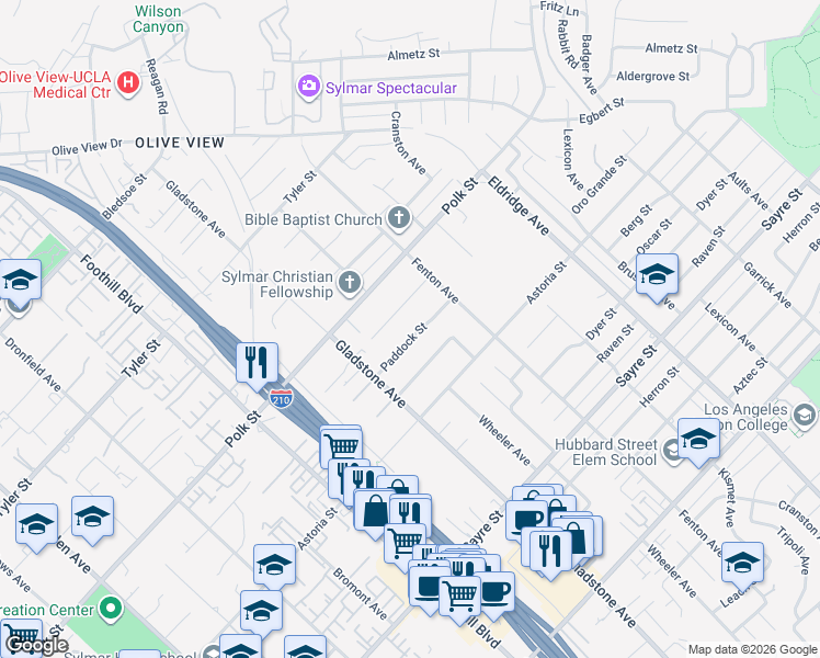 map of restaurants, bars, coffee shops, grocery stores, and more near 13807 Paddock Street in Los Angeles