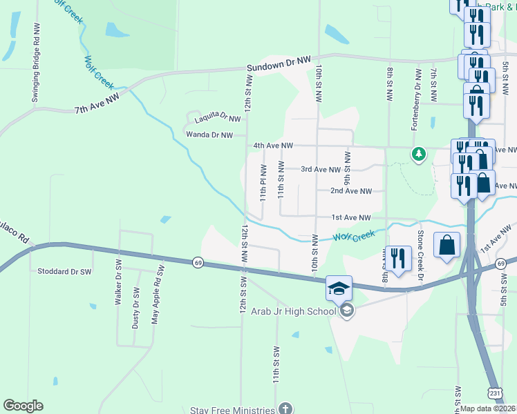 map of restaurants, bars, coffee shops, grocery stores, and more near 108 12th Street Southwest in Arab