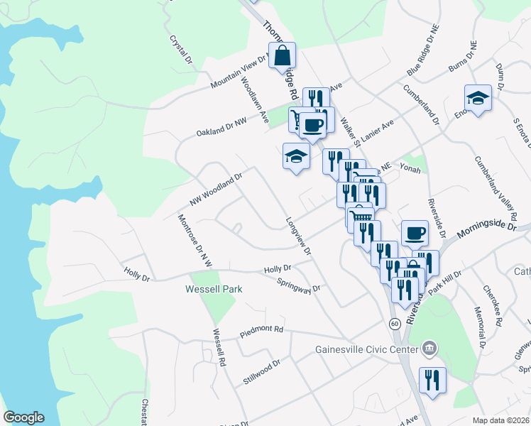 map of restaurants, bars, coffee shops, grocery stores, and more near 1380 Enota Avenue Northwest in Gainesville
