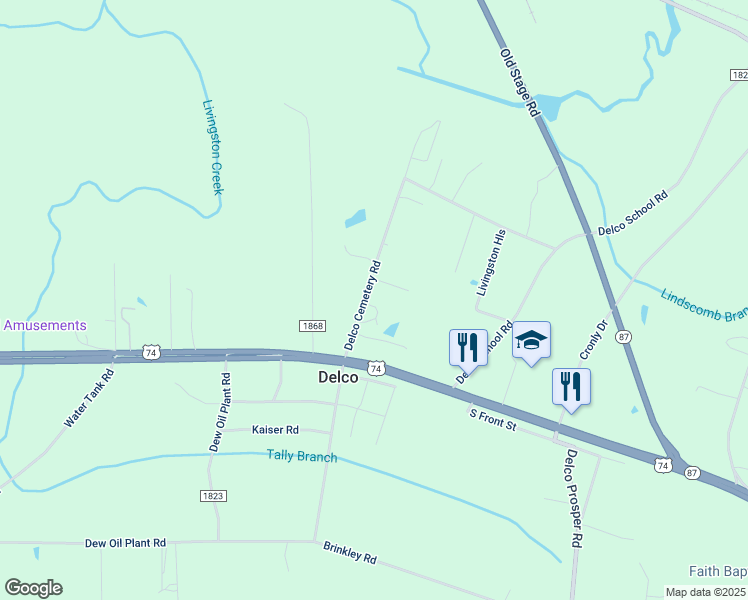 map of restaurants, bars, coffee shops, grocery stores, and more near 232 Delco Cemetery Road in Delco
