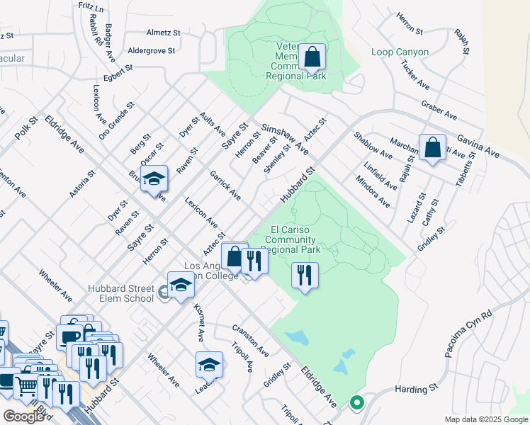 map of restaurants, bars, coffee shops, grocery stores, and more near 13095 Hubbard Street in Los Angeles