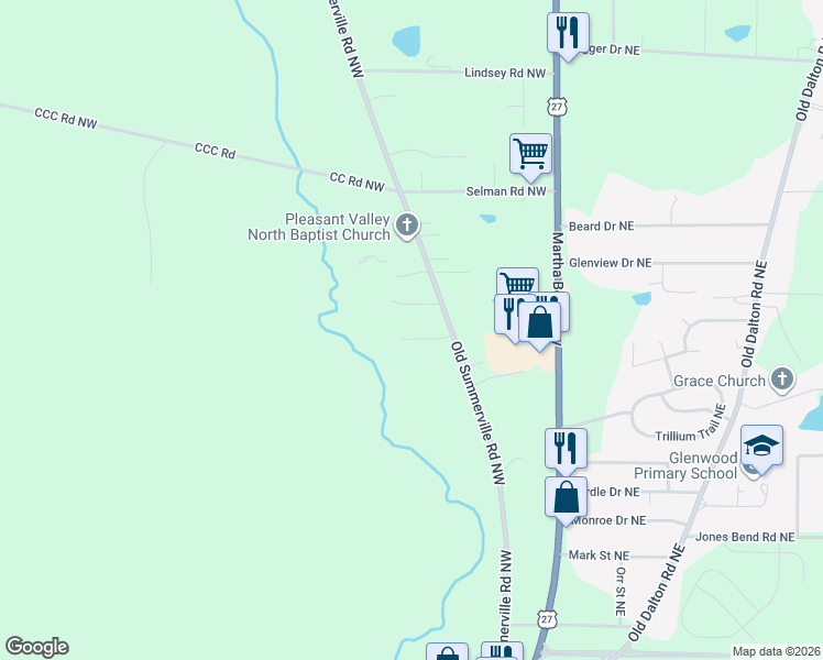 map of restaurants, bars, coffee shops, grocery stores, and more near 10 Habersham Court Northwest in Rome