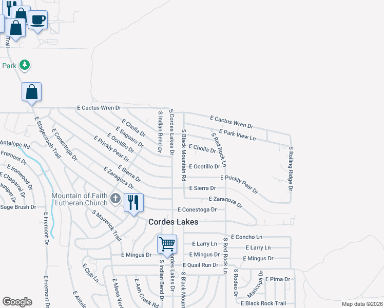 map of restaurants, bars, coffee shops, grocery stores, and more near 15452 South Cholla Circle in Mayer