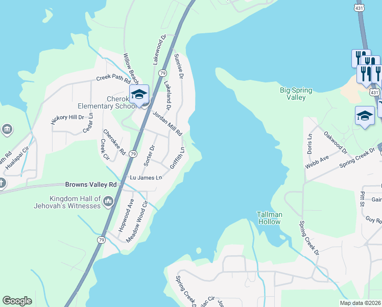 map of restaurants, bars, coffee shops, grocery stores, and more near 3317 Griffith Lane in Guntersville