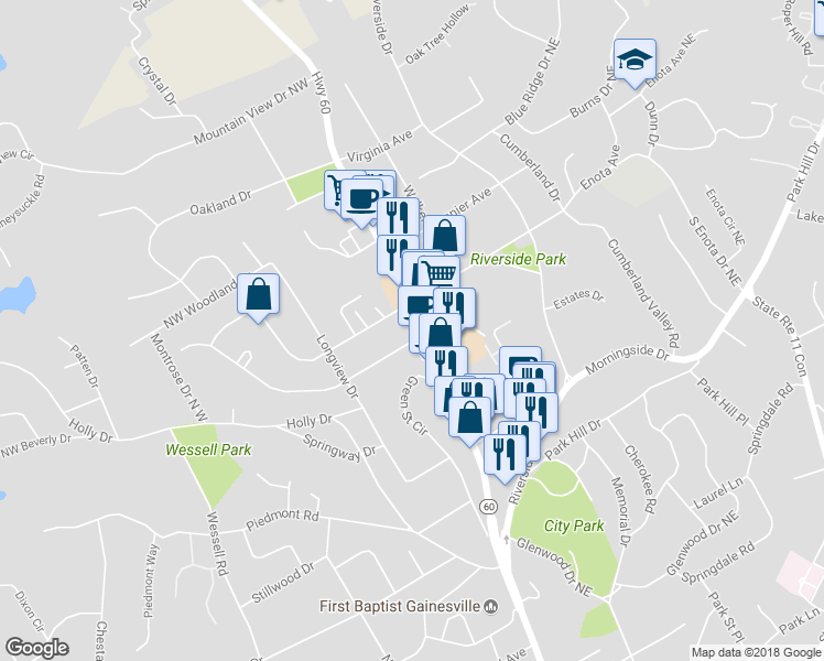 map of restaurants, bars, coffee shops, grocery stores, and more near 1261 Thompson Bridge Rd in Gainesville