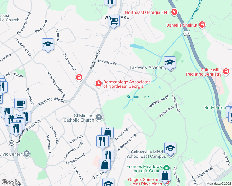 map of restaurants, bars, coffee shops, grocery stores, and more near 940 South Enota Drive Northeast in Gainesville