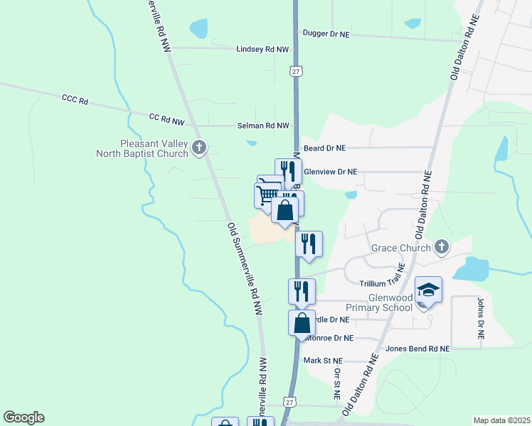 map of restaurants, bars, coffee shops, grocery stores, and more near 3365 Martha Berry Highway in Rome