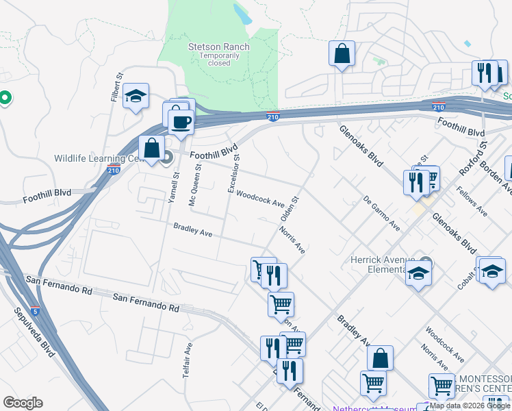 map of restaurants, bars, coffee shops, grocery stores, and more near 13703 Woodcock Avenue in Los Angeles