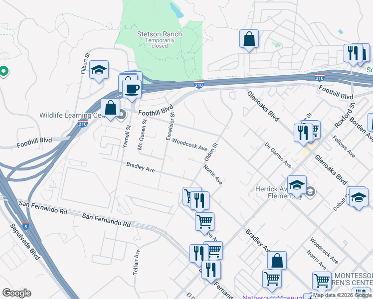 map of restaurants, bars, coffee shops, grocery stores, and more near 13703 Woodcock Ave in Los Angeles