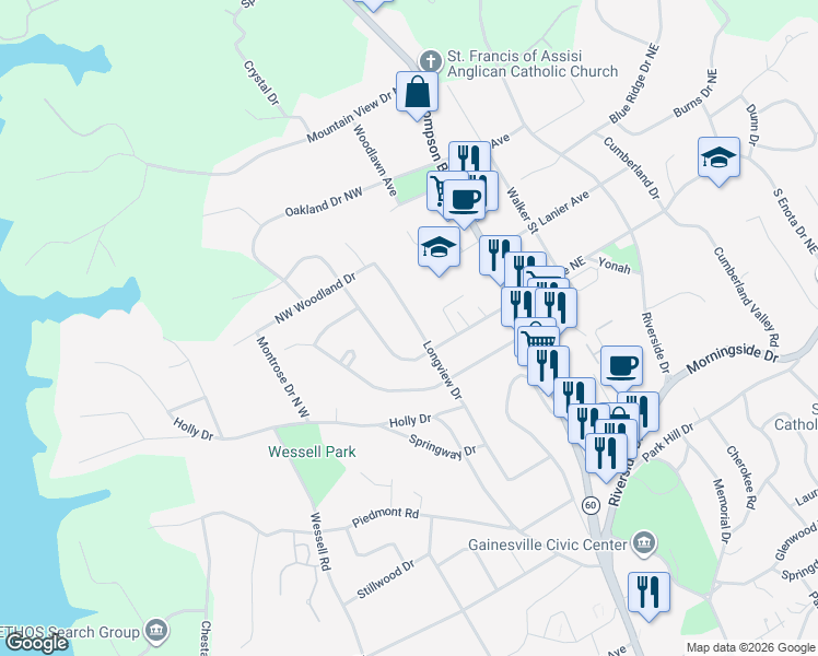 map of restaurants, bars, coffee shops, grocery stores, and more near 1380 Enota Avenue Northwest in Gainesville