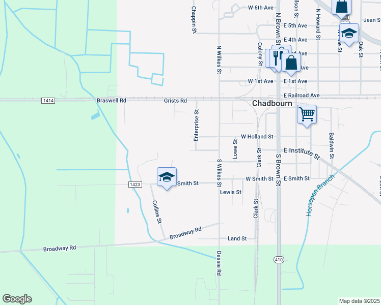 map of restaurants, bars, coffee shops, grocery stores, and more near 505 West Institute Street in Chadbourn
