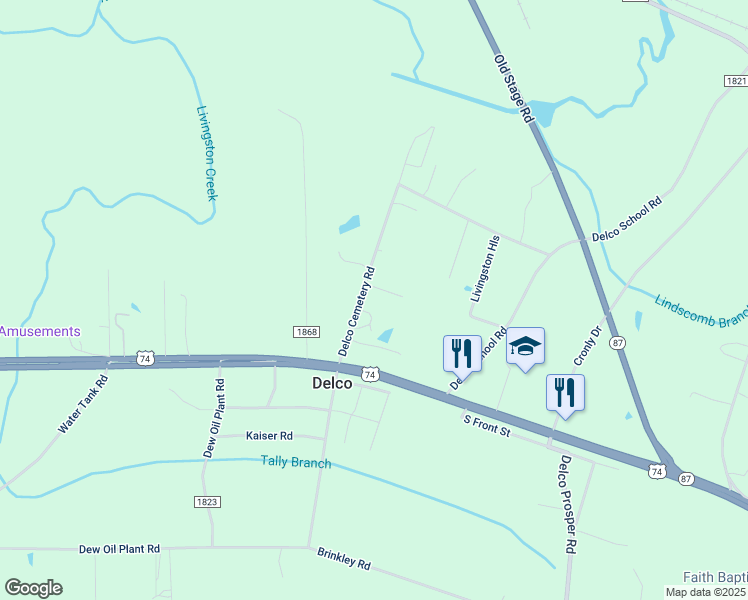 map of restaurants, bars, coffee shops, grocery stores, and more near 232 Delco Cemetery Road in Delco