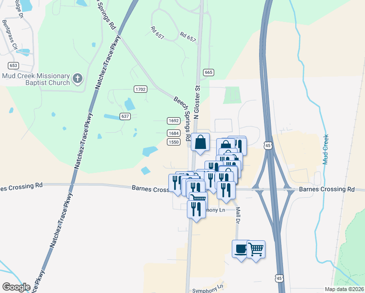 map of restaurants, bars, coffee shops, grocery stores, and more near 1457 Beech Springs Road in Saltillo