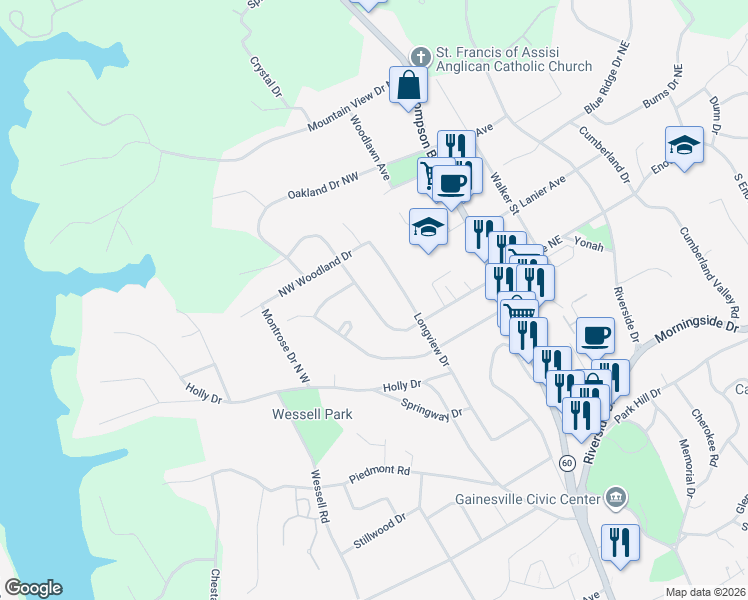map of restaurants, bars, coffee shops, grocery stores, and more near 1400 Enota Avenue Northwest in Gainesville