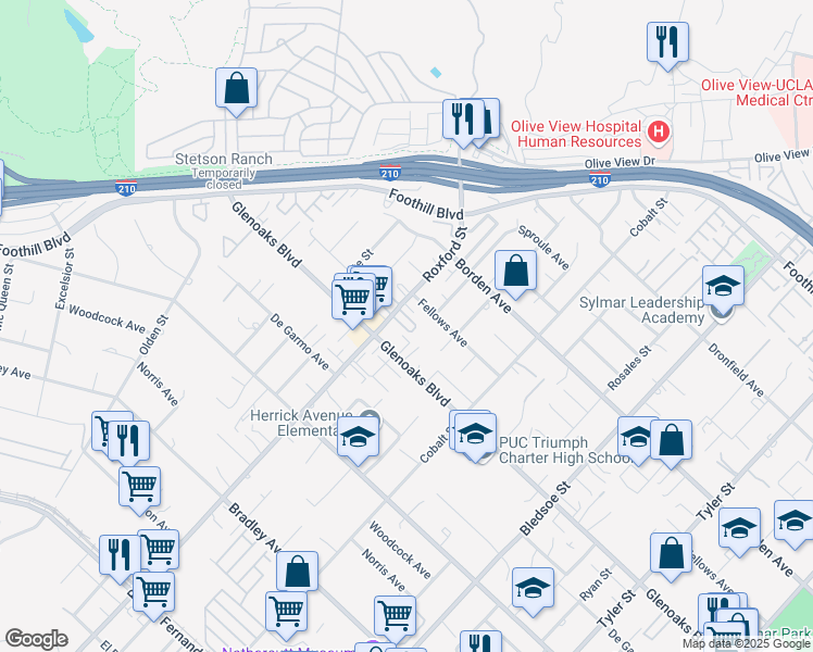 map of restaurants, bars, coffee shops, grocery stores, and more near 15122 Roxford Street in Los Angeles