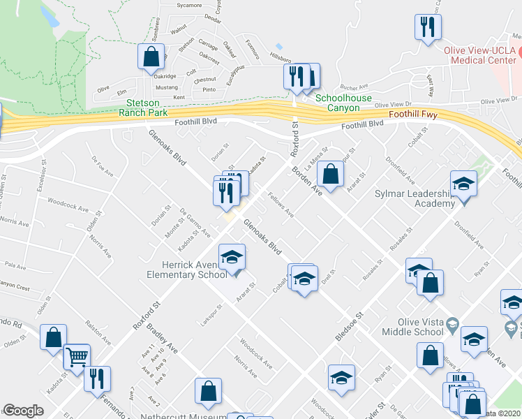 map of restaurants, bars, coffee shops, grocery stores, and more near 15122 Roxford Street in Los Angeles