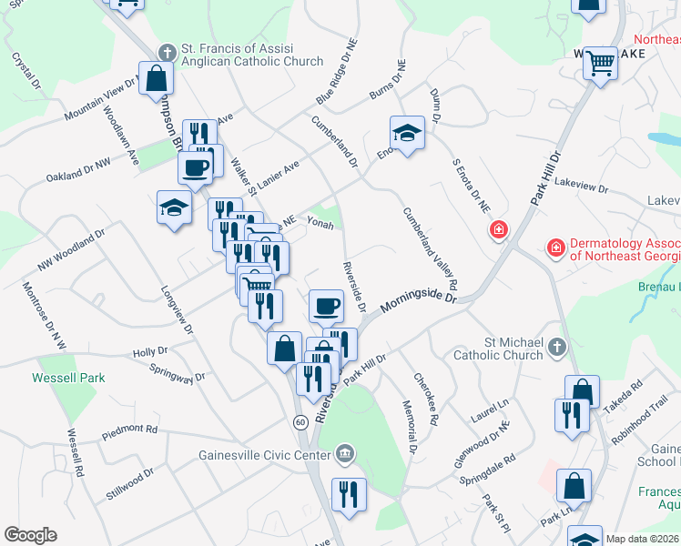 map of restaurants, bars, coffee shops, grocery stores, and more near 1160 Riverside Terrace in Gainesville