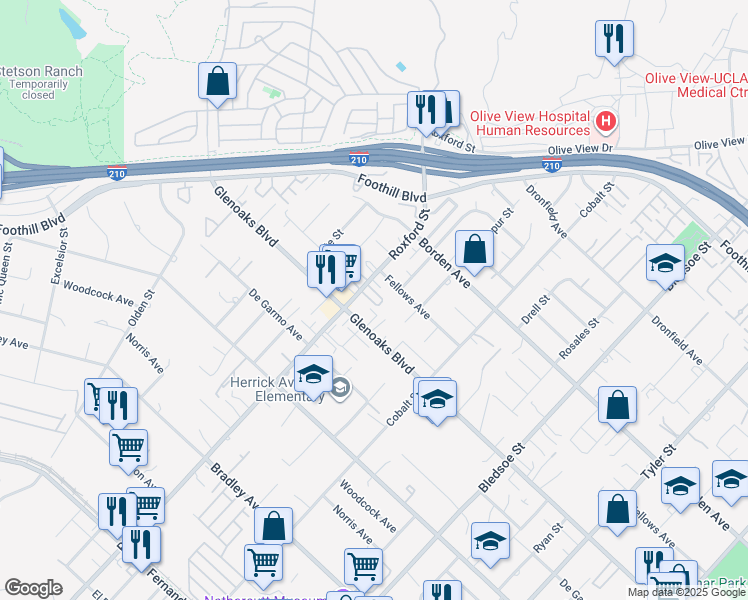 map of restaurants, bars, coffee shops, grocery stores, and more near 15122 Roxford Street in Los Angeles