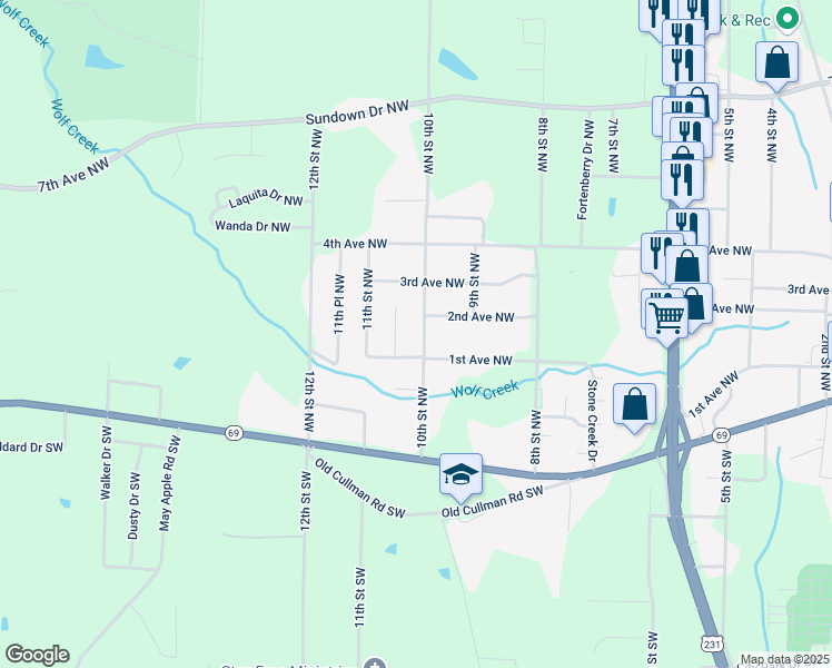 map of restaurants, bars, coffee shops, grocery stores, and more near 116 10th Street Northwest in Arab