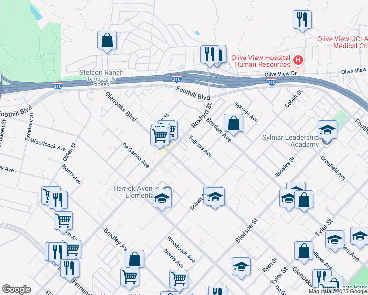 map of restaurants, bars, coffee shops, grocery stores, and more near 15122 Roxford Street in Los Angeles