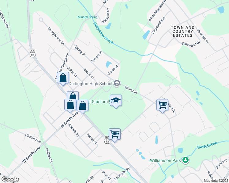 map of restaurants, bars, coffee shops, grocery stores, and more near 525 Spring Street in Darlington