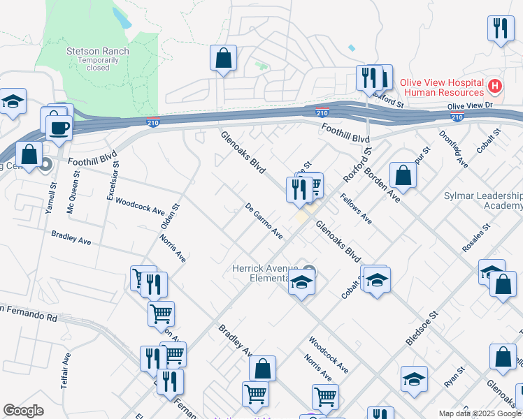map of restaurants, bars, coffee shops, grocery stores, and more near 13600 De Garmo Avenue in Los Angeles