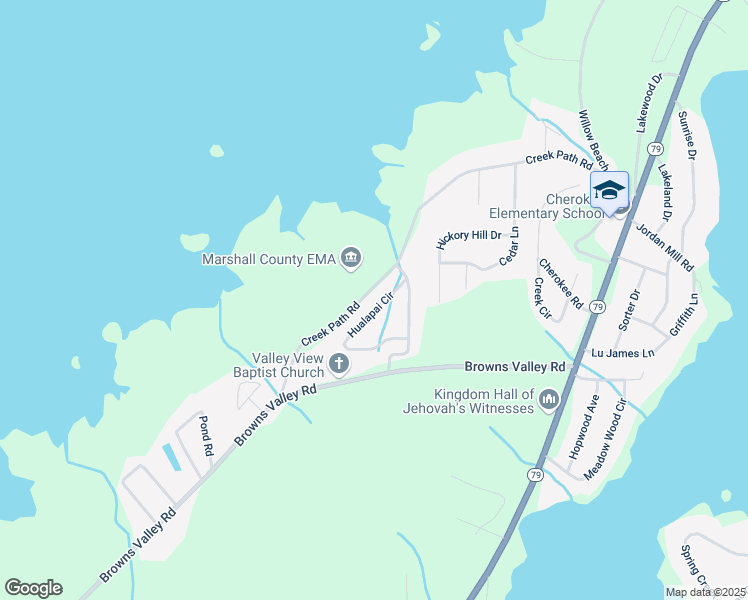 map of restaurants, bars, coffee shops, grocery stores, and more near 3525 Hualapai Circle in Guntersville