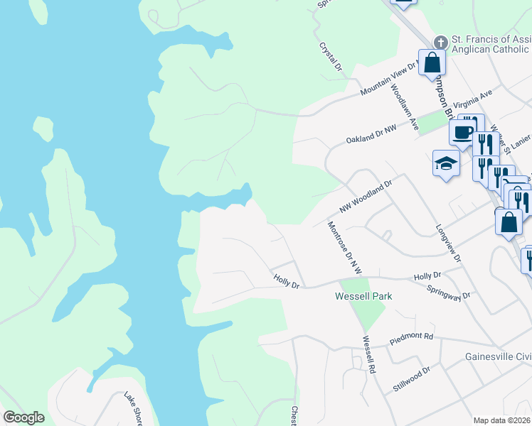 map of restaurants, bars, coffee shops, grocery stores, and more near 1550 Patten Drive in Gainesville