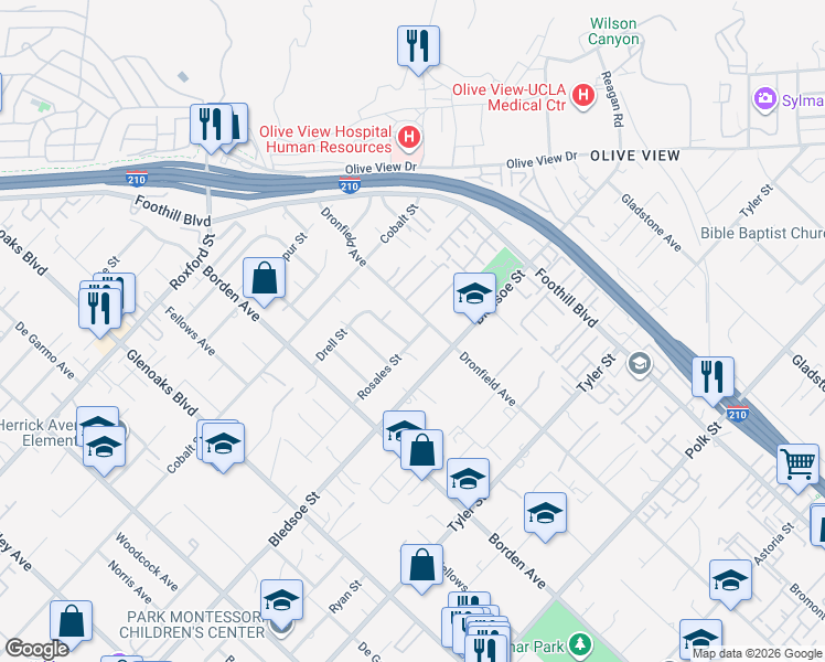 map of restaurants, bars, coffee shops, grocery stores, and more near 14615 Bledsoe Street in Los Angeles
