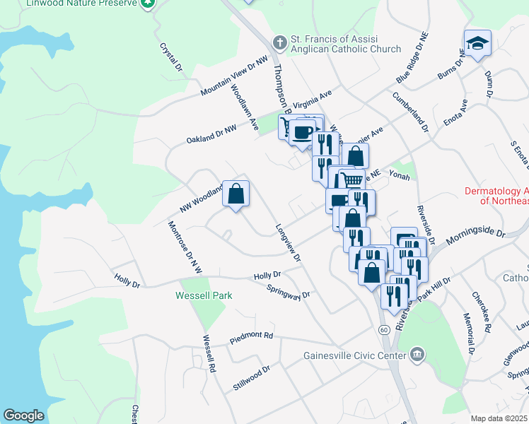 map of restaurants, bars, coffee shops, grocery stores, and more near 1381 Longview Drive in Gainesville