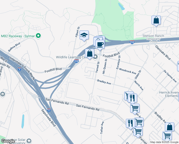 map of restaurants, bars, coffee shops, grocery stores, and more near 16079 Yarnell Street in Los Angeles