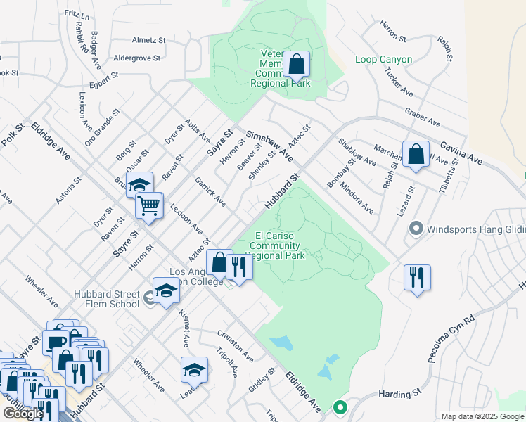 map of restaurants, bars, coffee shops, grocery stores, and more near 13051 Hubbard Street in Los Angeles
