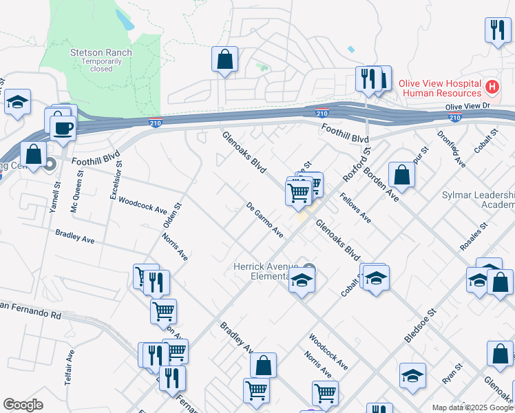 map of restaurants, bars, coffee shops, grocery stores, and more near 13600 De Garmo Avenue in Los Angeles