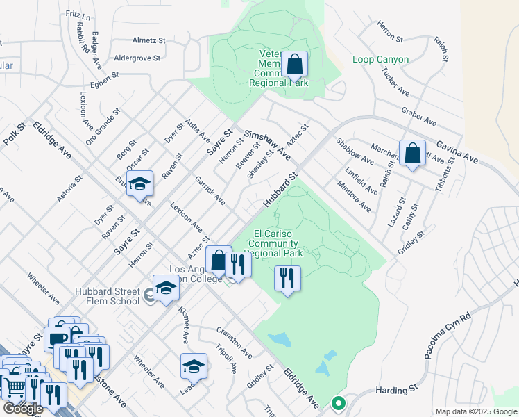 map of restaurants, bars, coffee shops, grocery stores, and more near 13067 Hubbard Street in Los Angeles