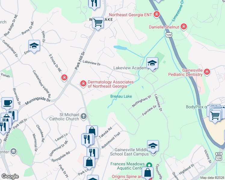 map of restaurants, bars, coffee shops, grocery stores, and more near 1600 Woodland Way in Gainesville