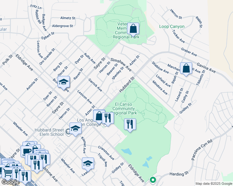 map of restaurants, bars, coffee shops, grocery stores, and more near 13055 Hubbard Street in Los Angeles