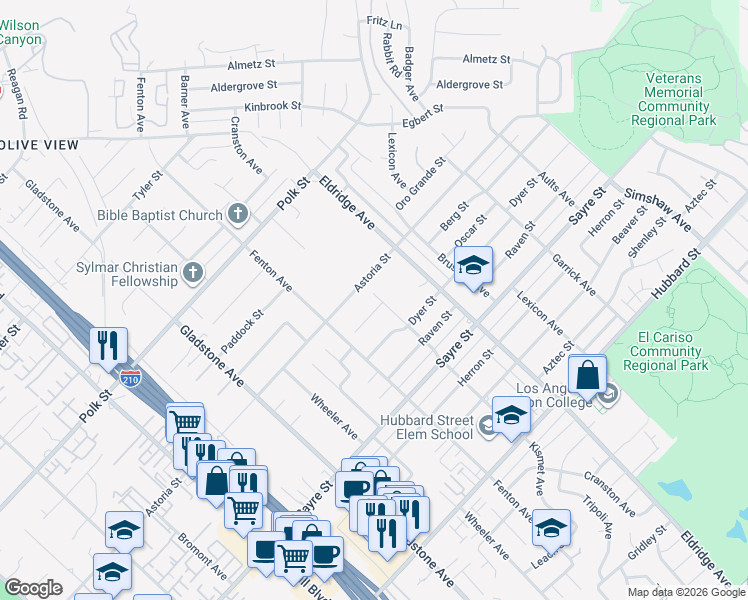 map of restaurants, bars, coffee shops, grocery stores, and more near 13615 Berg Street in Los Angeles