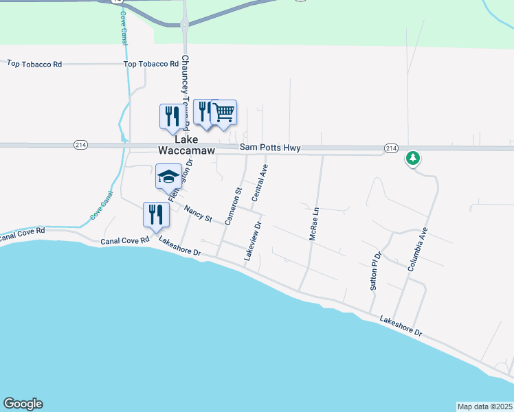 map of restaurants, bars, coffee shops, grocery stores, and more near 400 Ash Street in Lake Waccamaw