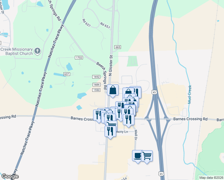 map of restaurants, bars, coffee shops, grocery stores, and more near 4288 North Gloster Street in Tupelo
