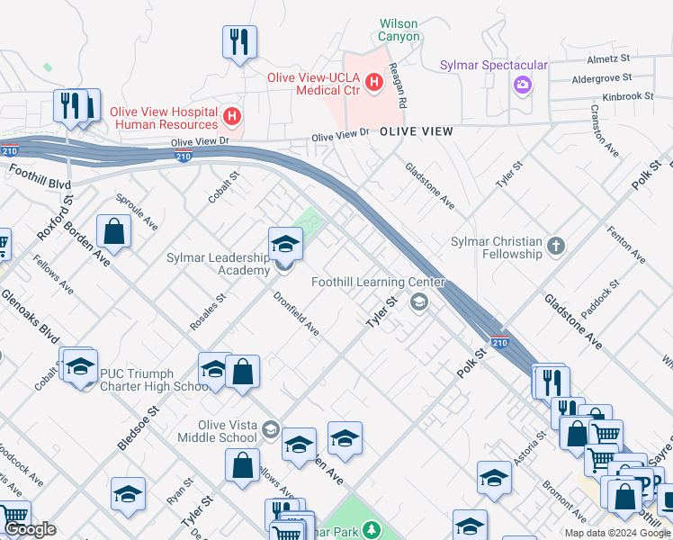 map of restaurants, bars, coffee shops, grocery stores, and more near 14344 Foothill Boulevard in Los Angeles