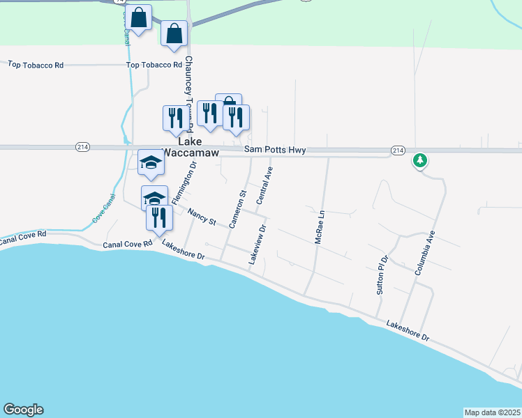 map of restaurants, bars, coffee shops, grocery stores, and more near 400 Ash Street in Lake Waccamaw