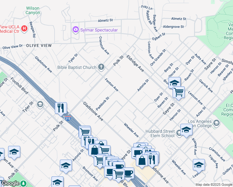 map of restaurants, bars, coffee shops, grocery stores, and more near 13573 Fenton Avenue in Los Angeles