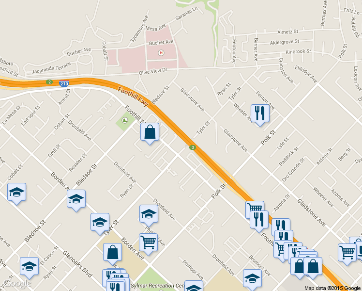 map of restaurants, bars, coffee shops, grocery stores, and more near 14287 Foothill Boulevard in Los Angeles