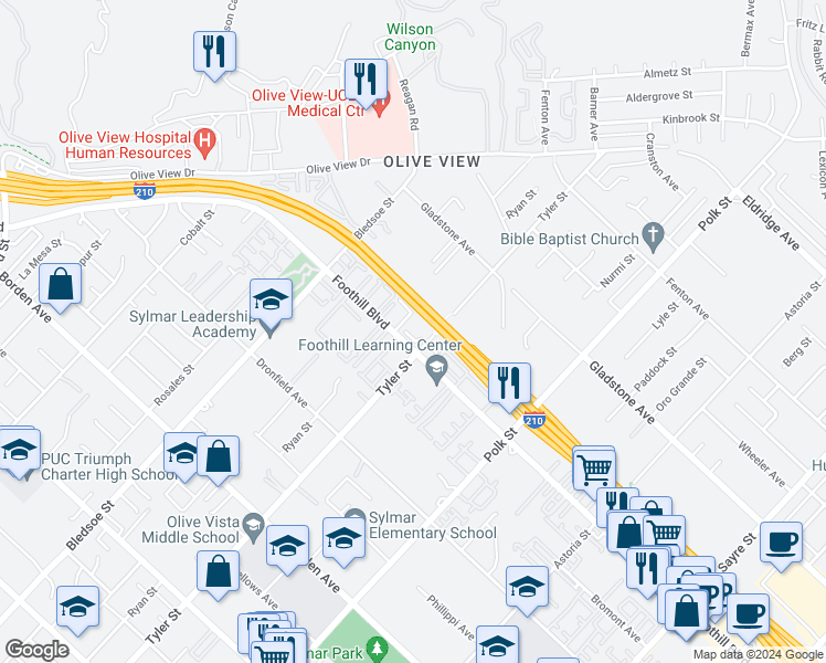 map of restaurants, bars, coffee shops, grocery stores, and more near 14287 Foothill Boulevard in Los Angeles