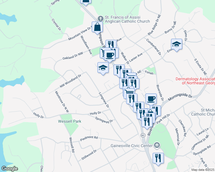 map of restaurants, bars, coffee shops, grocery stores, and more near 197 Enota Avenue Northwest in Gainesville