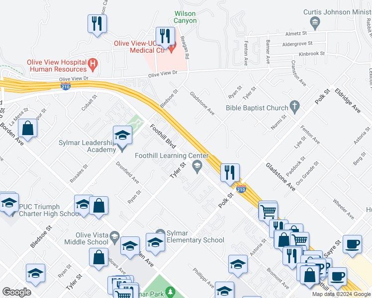 map of restaurants, bars, coffee shops, grocery stores, and more near 14287 Foothill Boulevard in Los Angeles